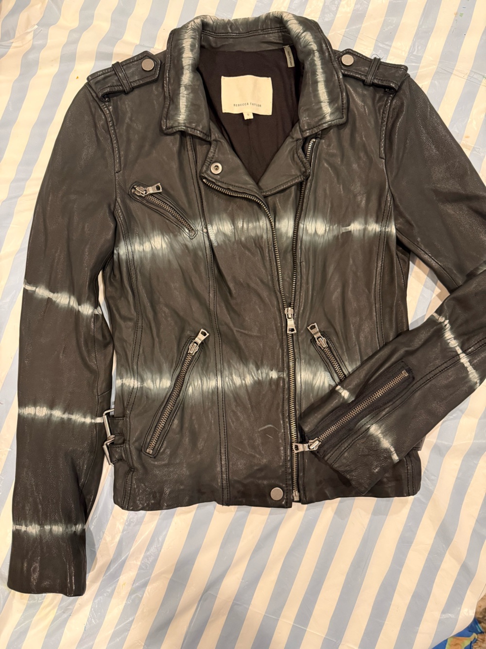 Rebecca Taylor Black Leather jacket - unique Tie-Dye lather Moto Jacket size O